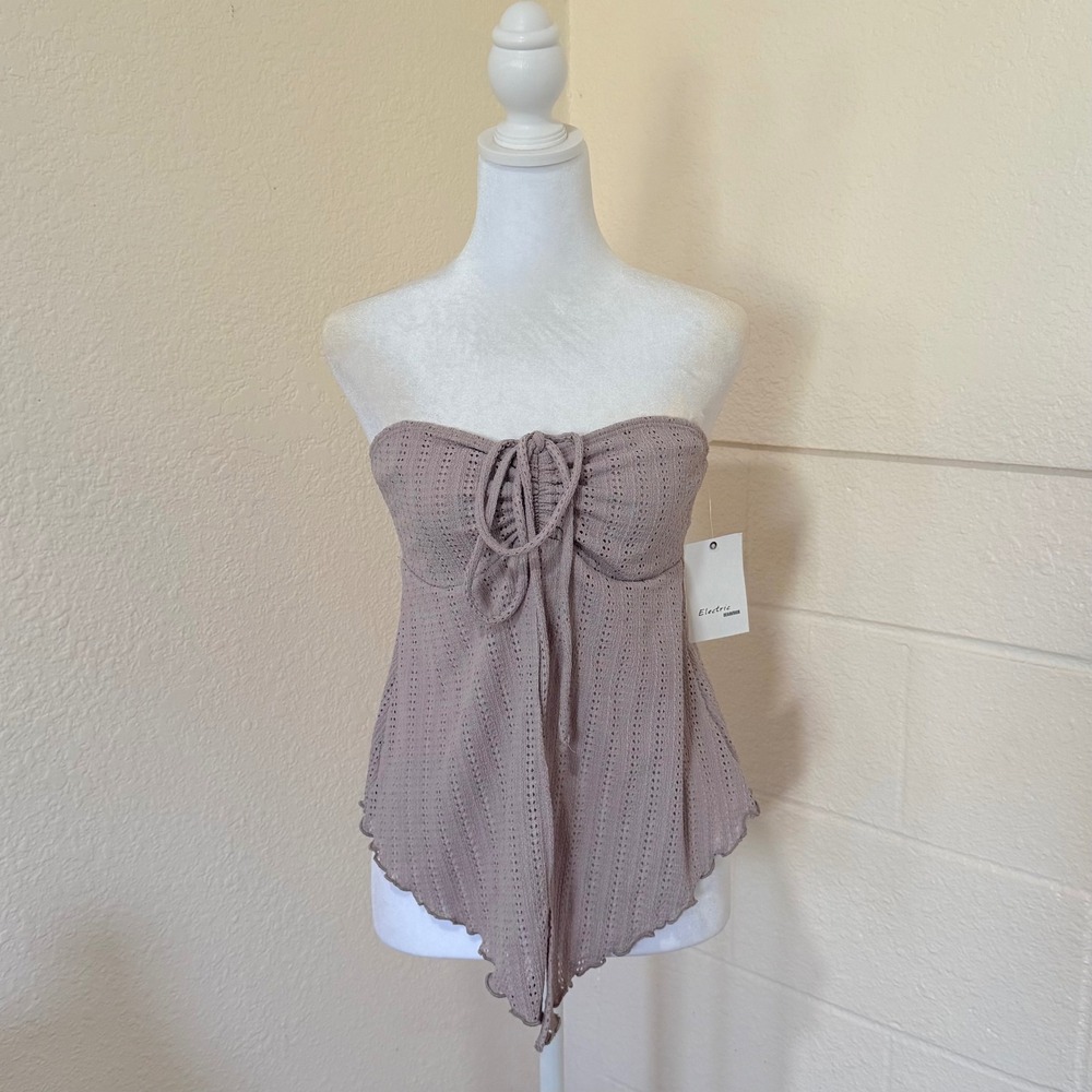 Electric Behaviour Tube Top Womens‎ Medium Mauve Pointelle Tie Front Boho Dainty